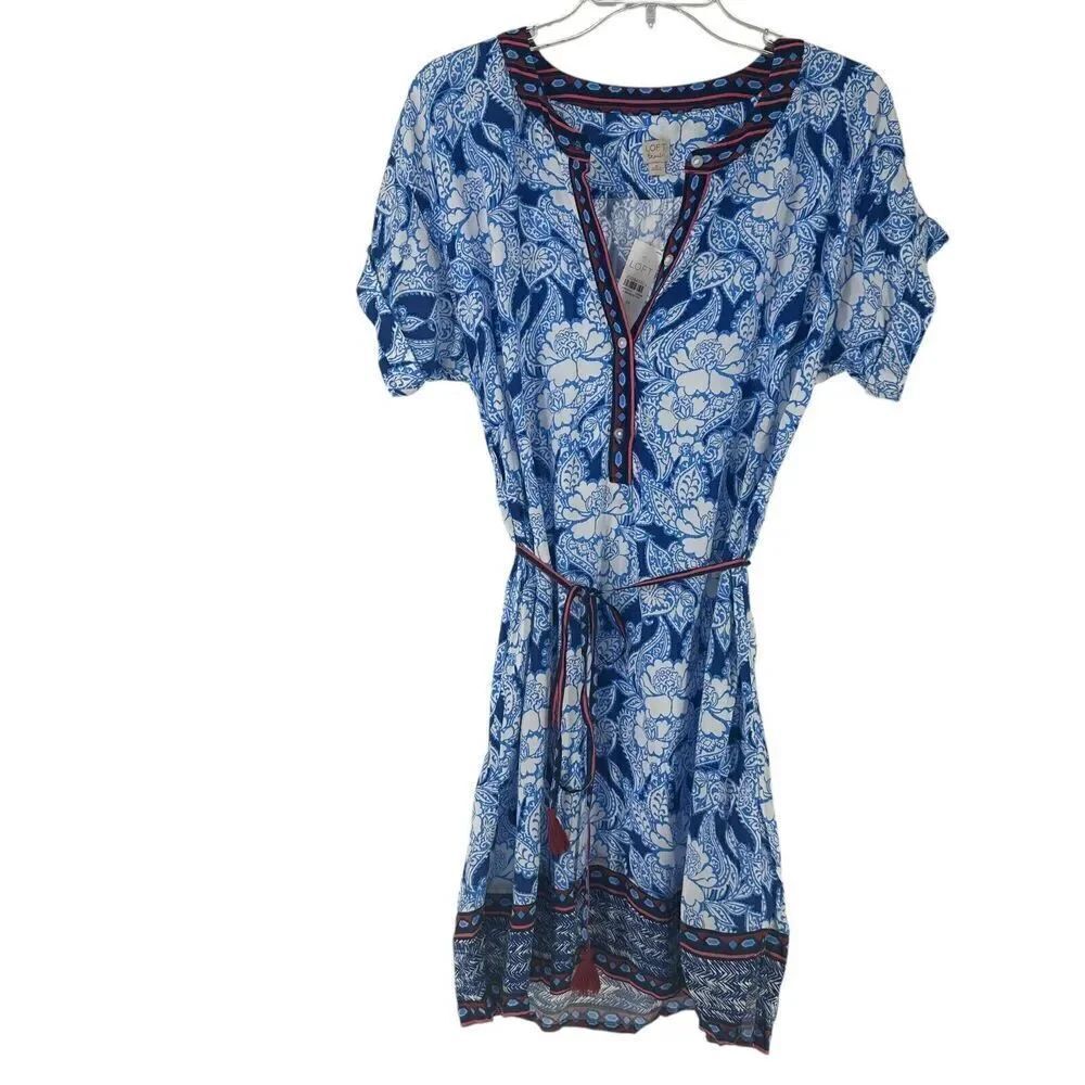 LOFT Beach Dress Blue Paisley Size M Lightweight Belted Tassel Bohemian Resort